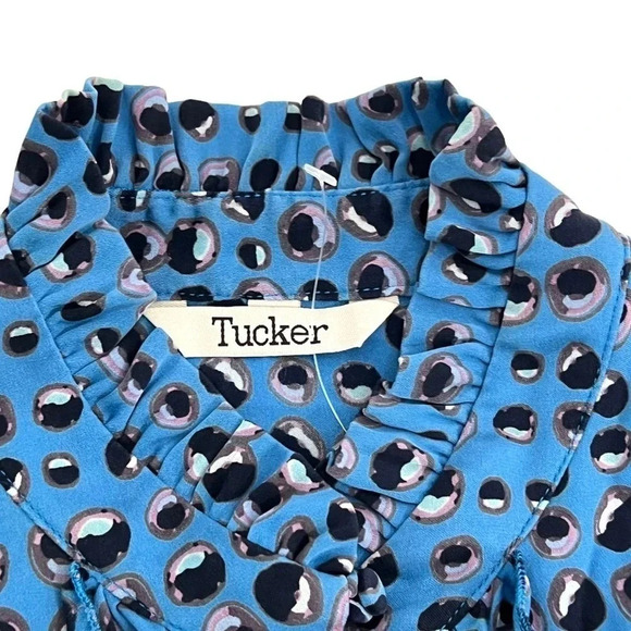 Tucker Sleeveless Ruffle Neck Silk Blouse Keyhole Casual Chic Blue Print Size S - Picture 6 of 8
